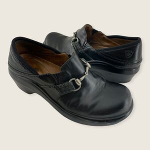 Ariat Del Mar Black Leather Silvertone Horse Bit 2" Heeled Clog SN 93601 7